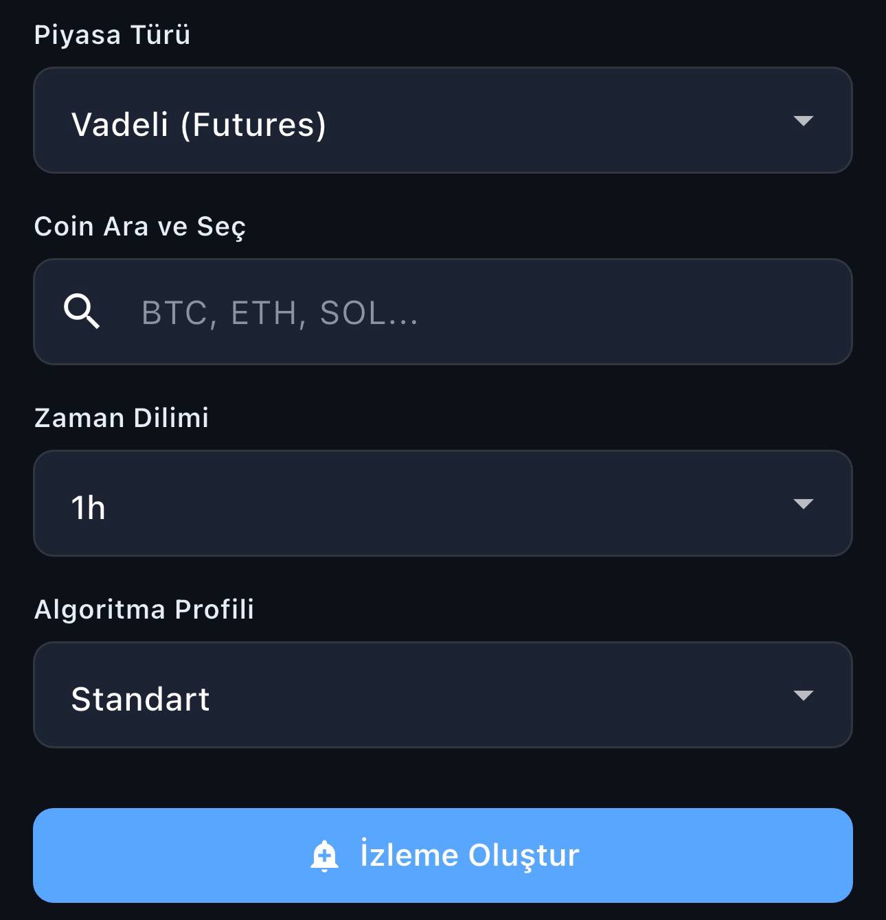 İzleme oluşturma formu